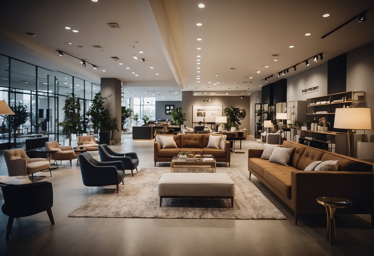 A showroom with modern furniture displayed. Customers browsing and staff assisting. Signage with "Frequently Asked Questions" prominently displayed