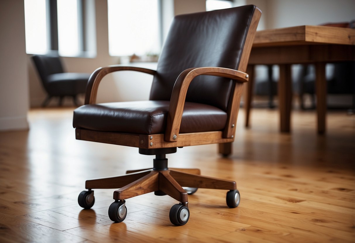 A wooden chair with metal casters attached to each leg, allowing for easy movement on hardwood floors