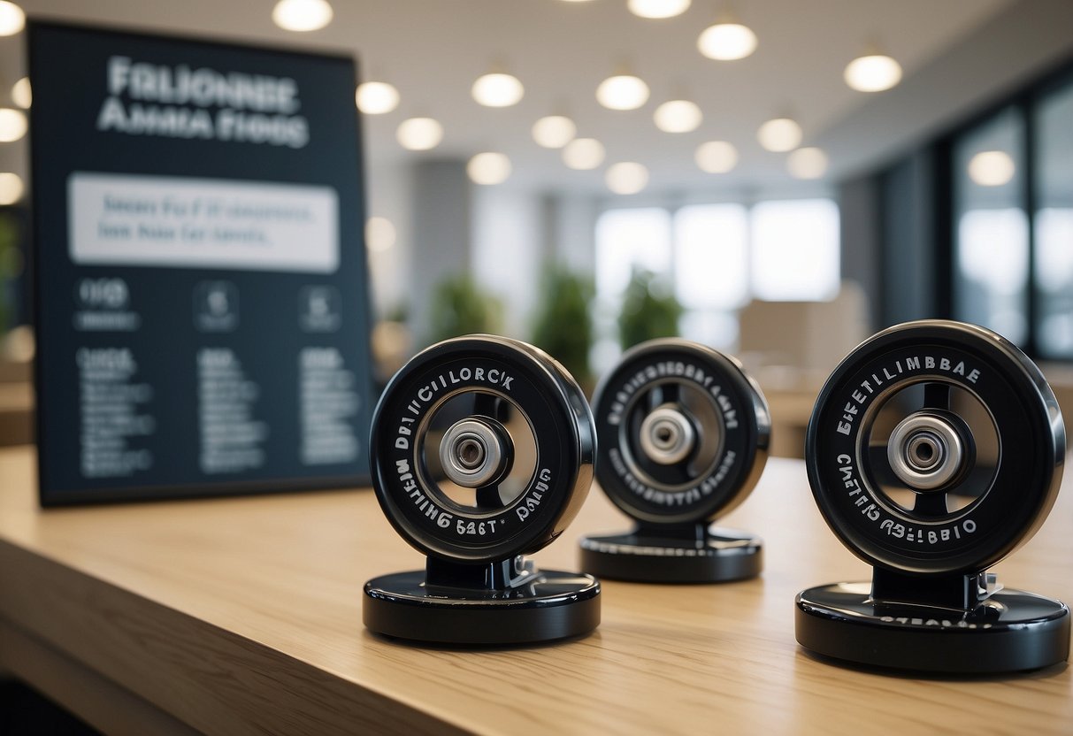 A set of furniture caster wheels arranged neatly on a display stand, with a sign above labeled "Frequently Asked Questions" in a modern, well-lit showroom