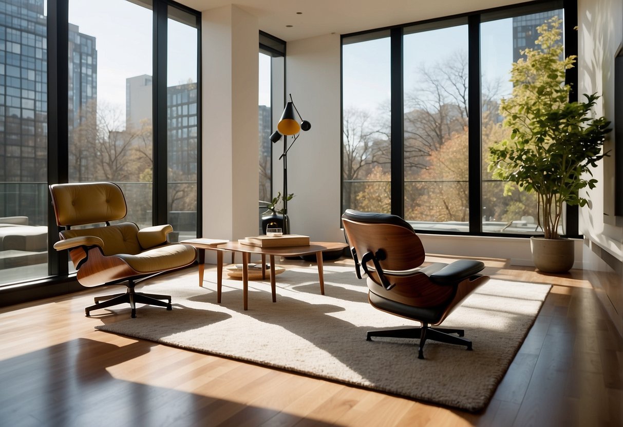 A modern living room with sleek Herman Miller furniture, including an Eames lounge chair and a Noguchi table, bathed in natural light from floor-to-ceiling windows