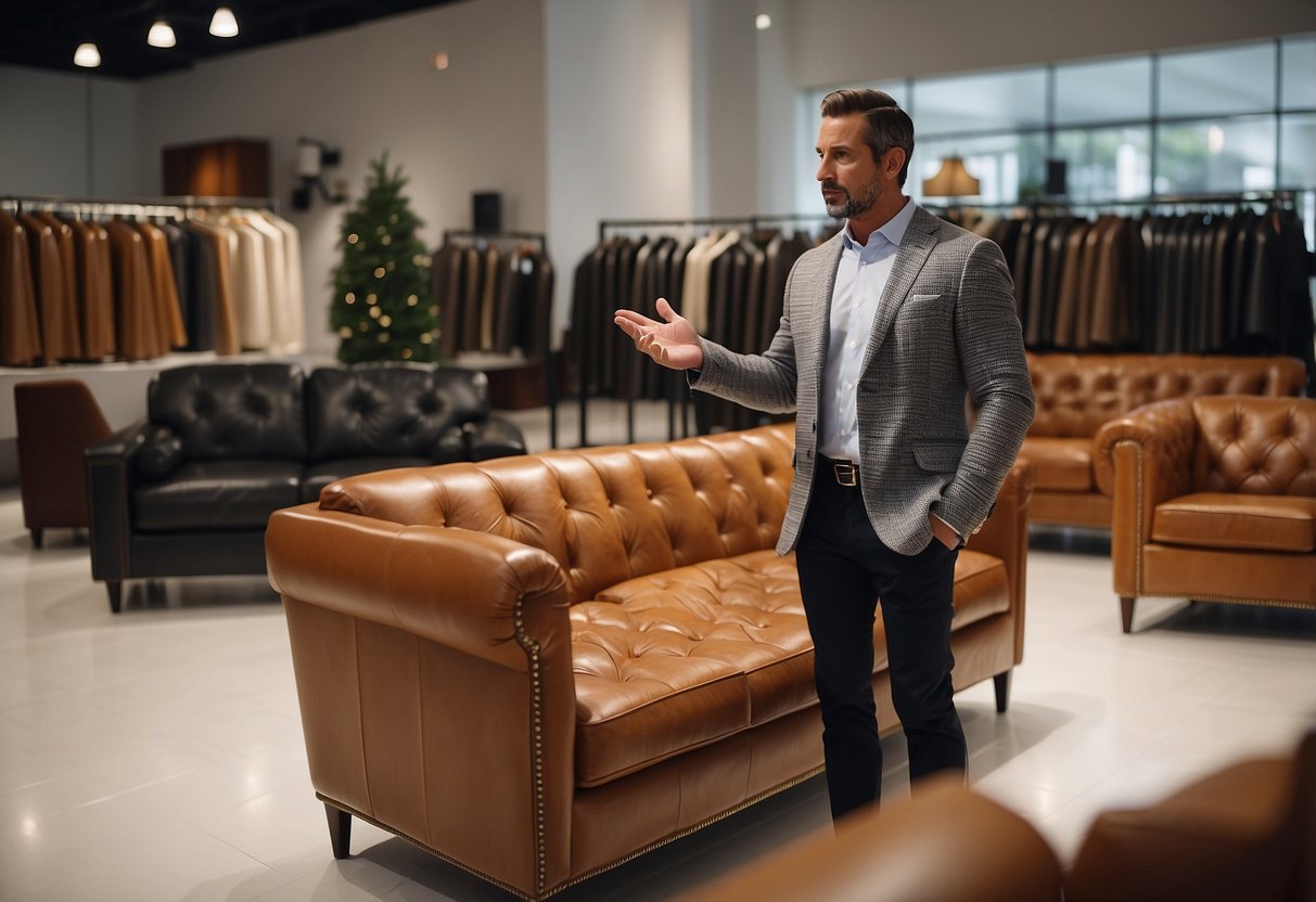 A customer points to a leather sofa in a showroom. A salesperson explains the different types of leather and offers assistance with selecting and purchasing the furniture