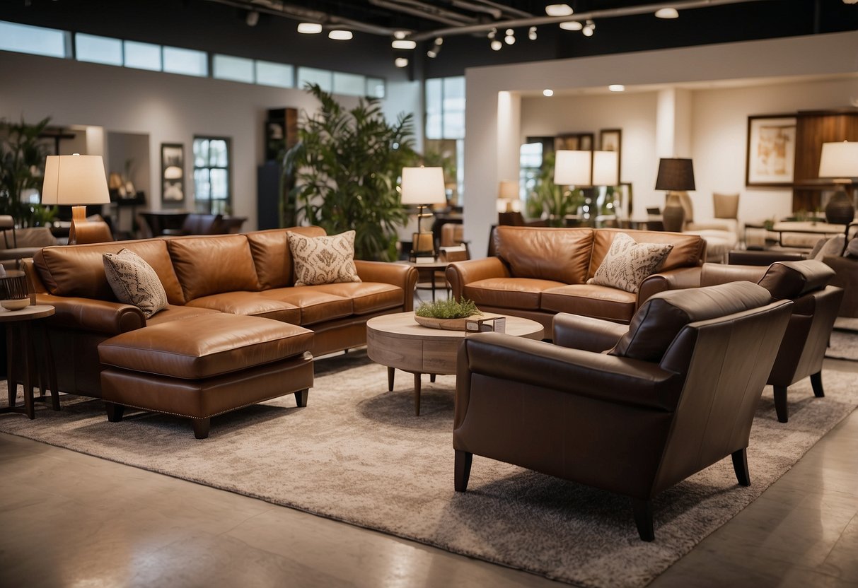 A spacious showroom displaying a variety of leather furniture pieces, including sofas, chairs, and ottomans. Different colors and textures are showcased, with ample natural lighting illuminating the space