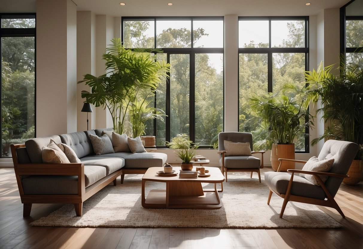 A bright, open room with modern, comfortable furniture arranged for conversation and relaxation, surrounded by natural light and greenery