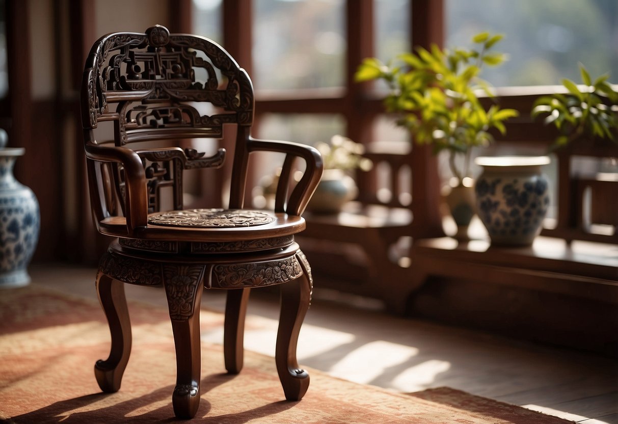 A traditional Chinese wooden chair sits in a sunlit room, adorned with intricate carvings and elegant lacquer finish. A small table nearby displays delicate porcelain vases and tea sets