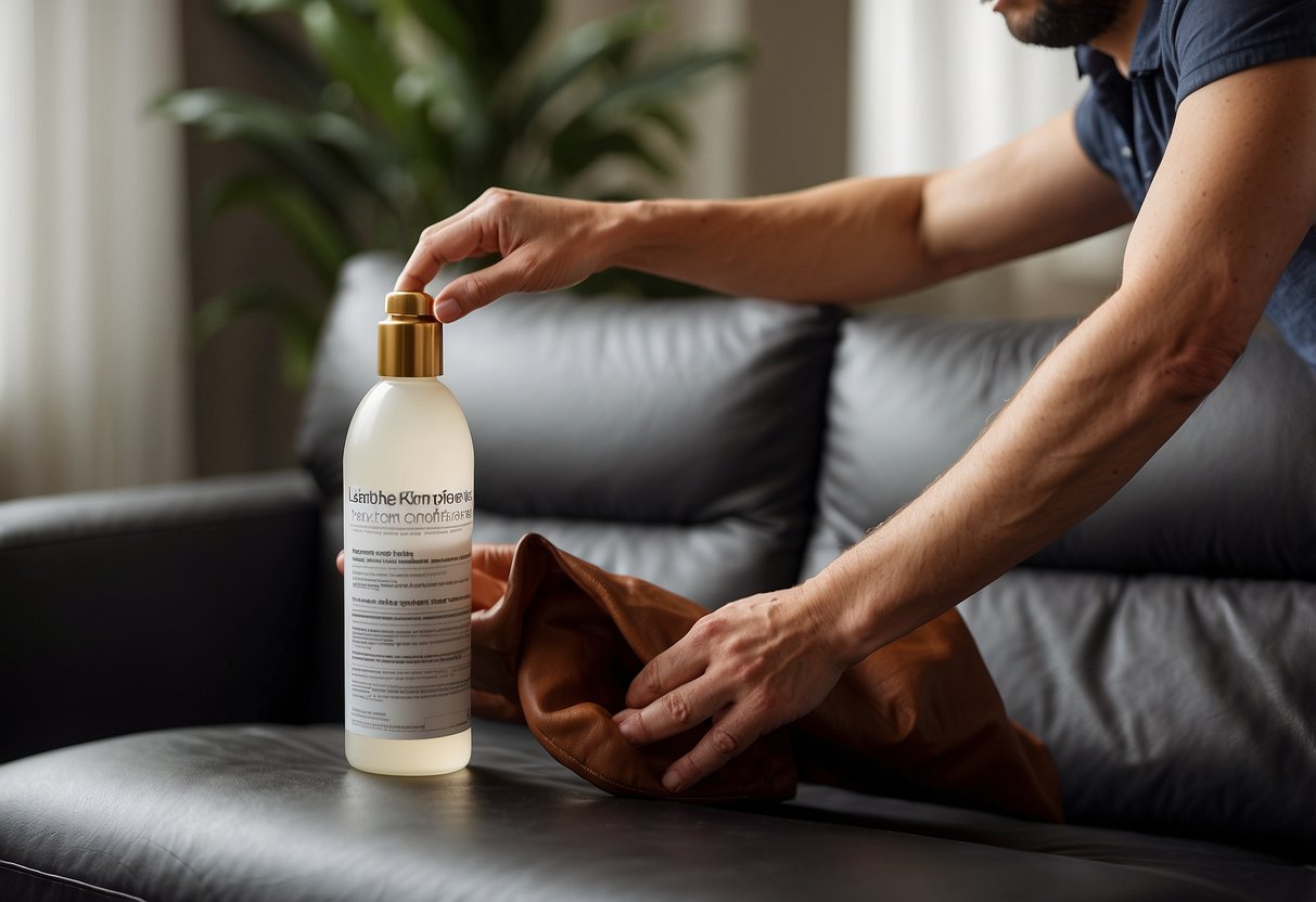A person carefully applies leather conditioner to a clean, dry sofa, using a soft cloth to work the product into the material, ensuring even coverage and protection