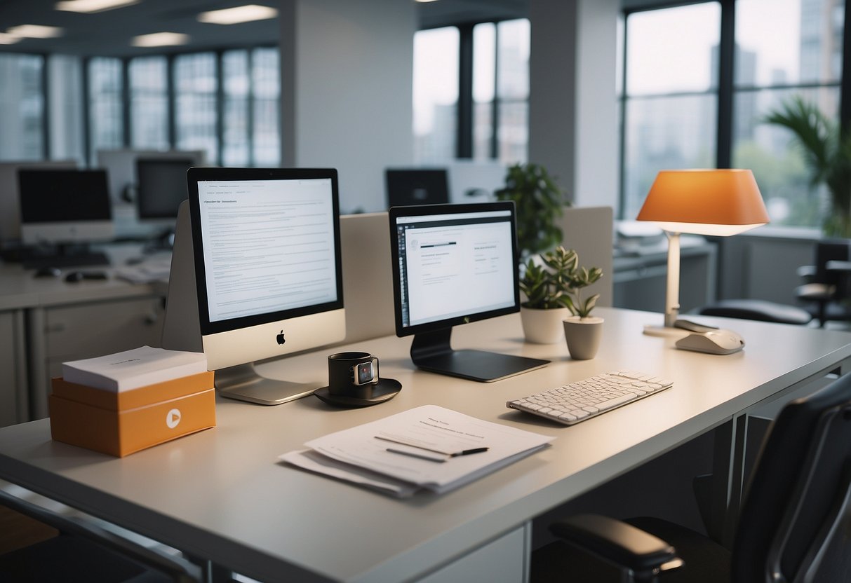 A well-lit office space with modern Herman Miller furniture and a neatly organized FAQ document displayed on a sleek desk