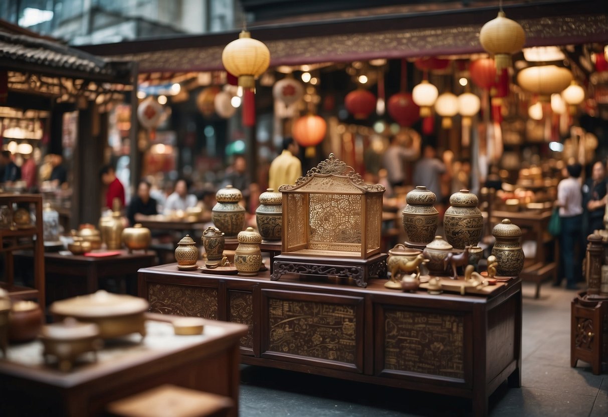 A bustling market with various Chinese furniture on display, showcasing intricate designs and craftsmanship. A sign with "Buying Tips" and "Market Trends" catches the eye