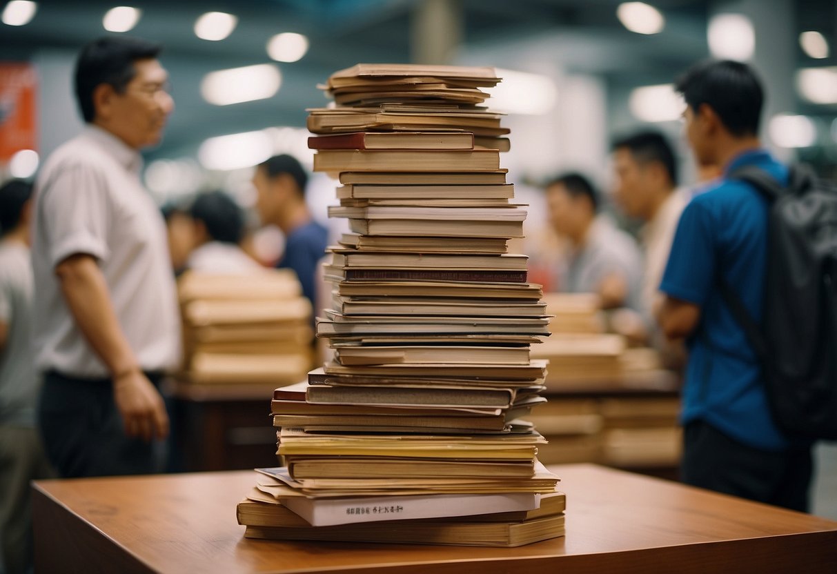 A stack of Chinese furniture with a price tag, surrounded by curious onlookers seeking information