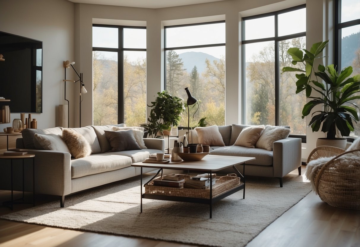 A cozy living room with a plush sofa, a sleek coffee table, and a stylish floor lamp. The room is filled with natural light and adorned with modern decor