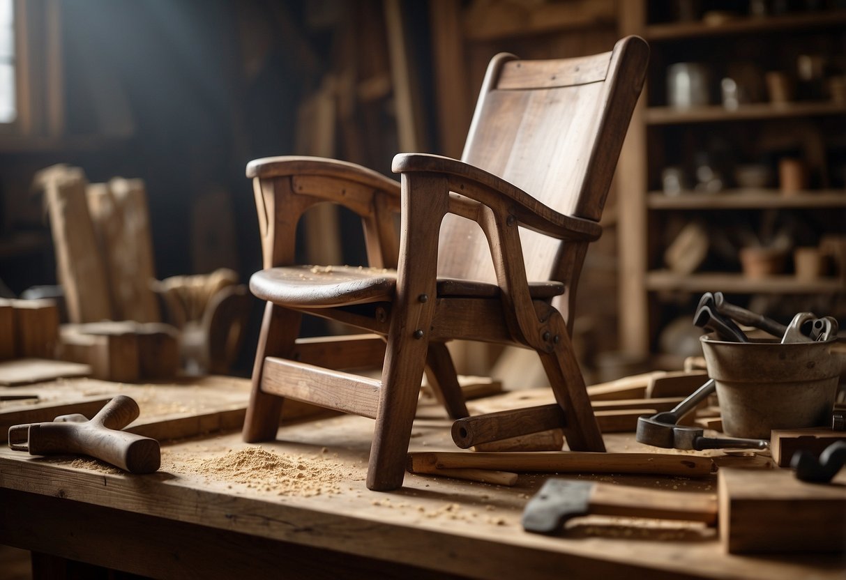 A worn-out wooden chair being sanded and varnished, with tools and materials scattered around a cluttered workbench