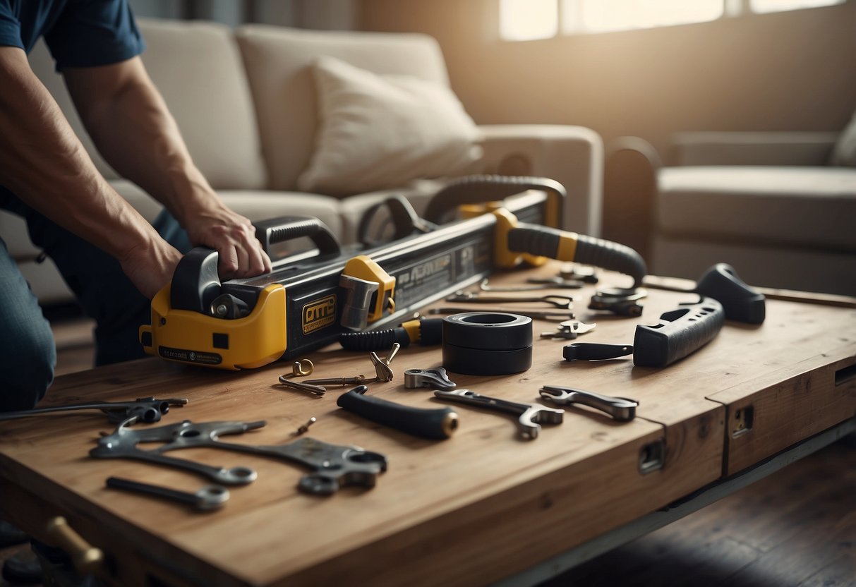 Tools dismantling a sofa, unscrewing legs and removing cushions. A toolbox and parts scattered on the floor