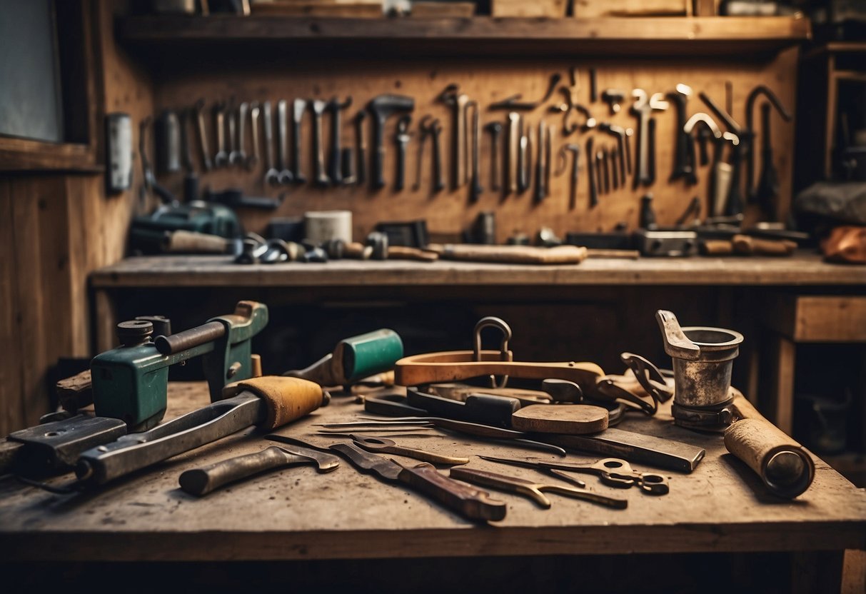 A cluttered workbench with various tools and supplies for furniture restoration. A worn chair sits nearby, ready for a makeover