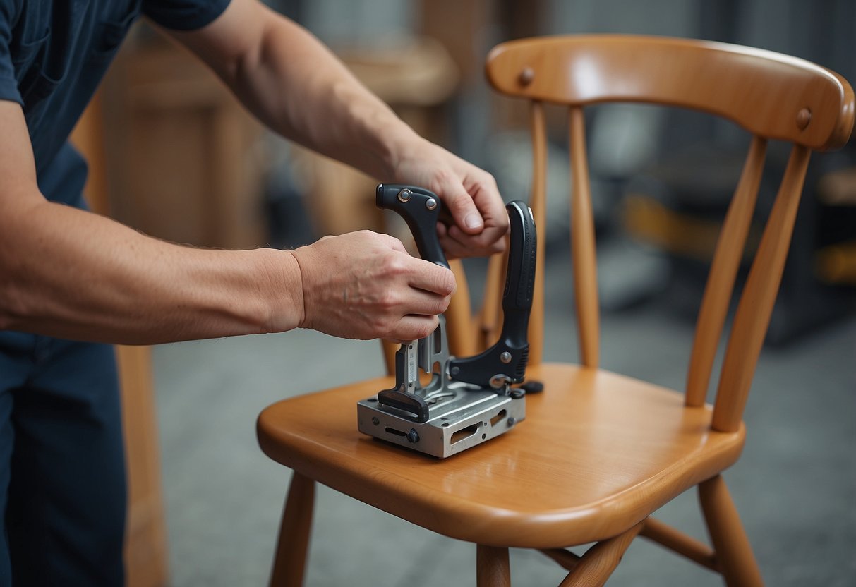 A person disassembling a chair using tools and following instructions