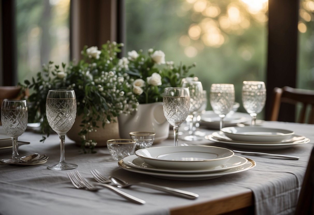 A dining table set with chairs, a tablecloth, and place settings