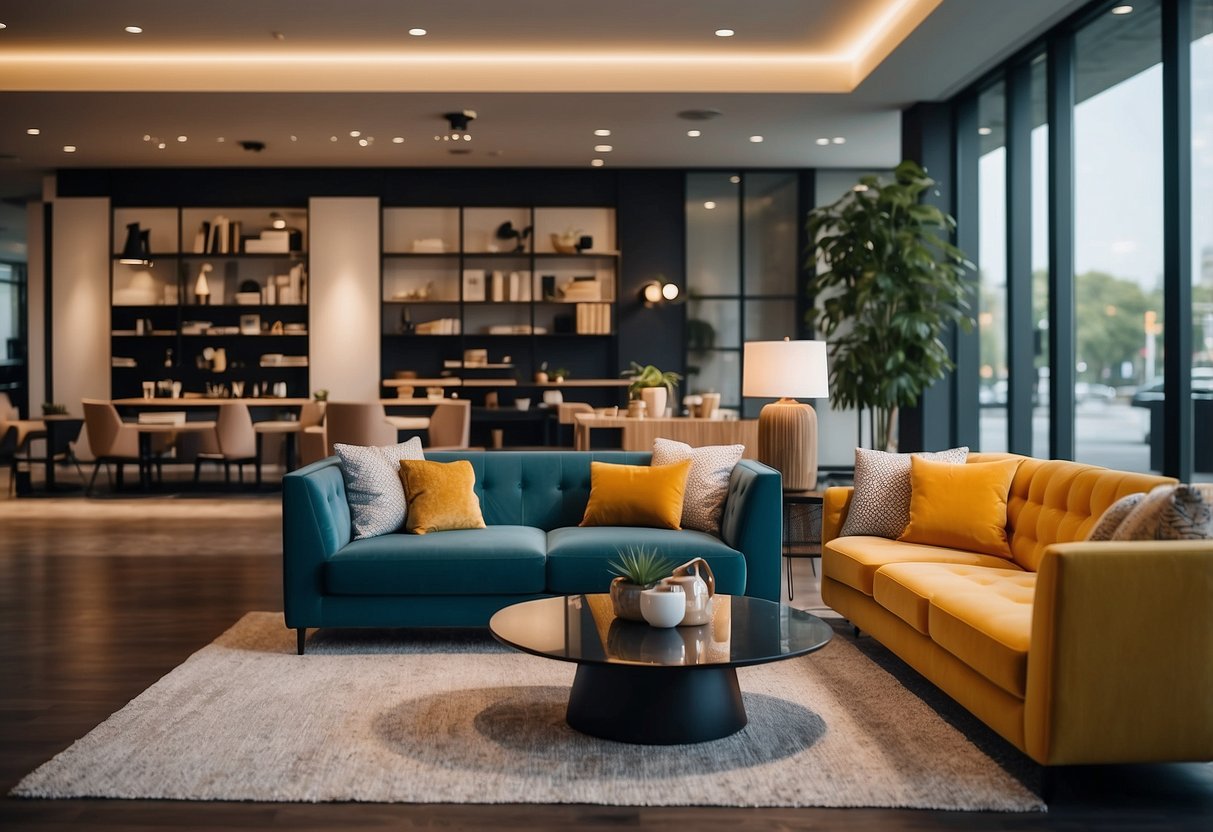 A spacious showroom with modern furniture displays and soft lighting. Vibrant colors and sleek designs create an inviting atmosphere