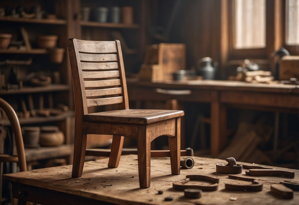 A worn wooden chair is sanded down, then meticulously stained and polished to reveal its natural beauty. Tools and materials are neatly organized on a workbench