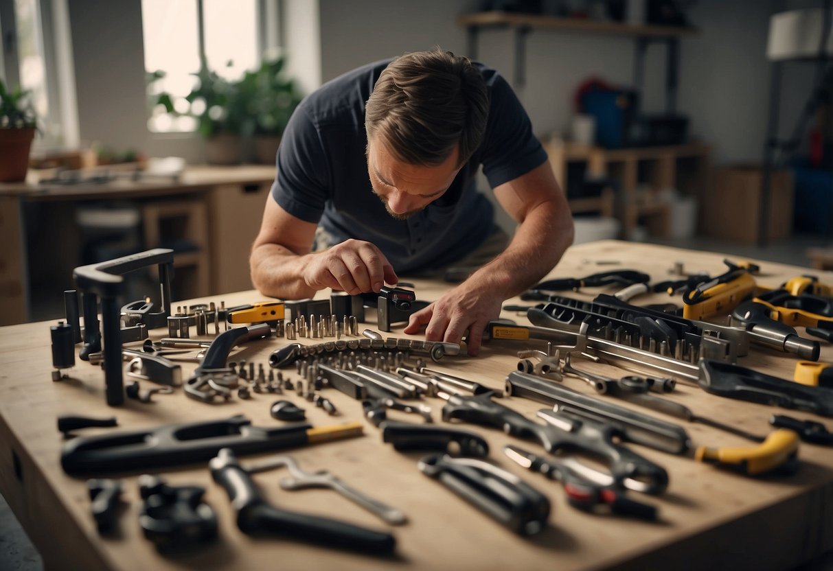 A technician disassembles furniture with tools in a well-lit room. Pieces are carefully labeled and organized for transport