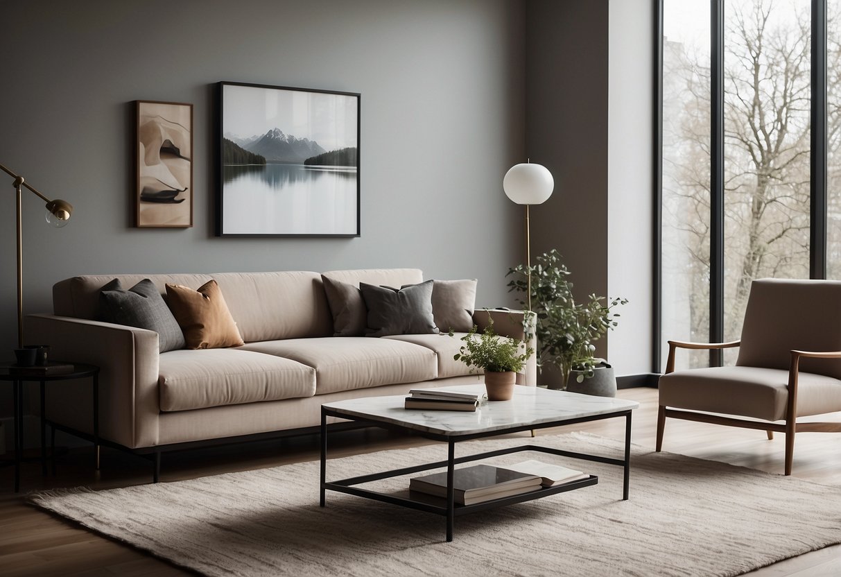 A modern living room with sleek furniture and clean lines. Minimalist decor and neutral colors create a stylish and sophisticated atmosphere