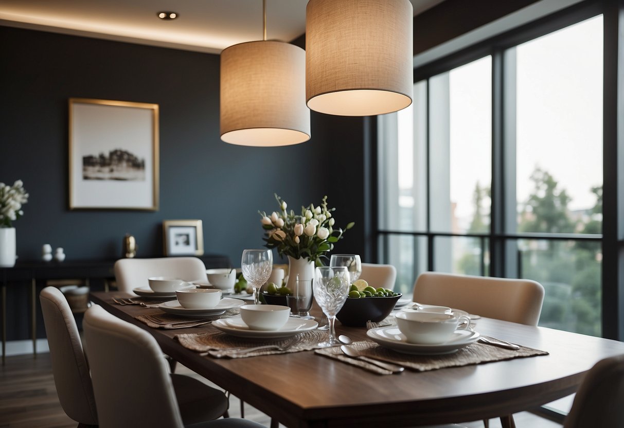 A dining room with a sleek, modern table set for four, surrounded by matching chairs and adorned with a simple centerpiece