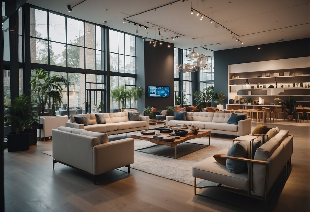 A modern furniture showroom with customers browsing, a display of FAQs on a digital screen, and stylish furniture pieces arranged neatly