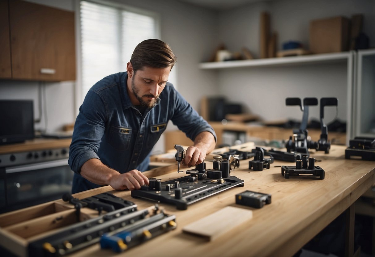A technician disassembles furniture with precision tools in a well-lit room, surrounded by neatly organized parts and a clear instruction manual