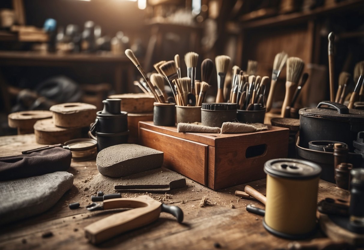 A cluttered workshop with various tools and supplies for furniture restoration, including sandpaper, wood stain, and paintbrushes