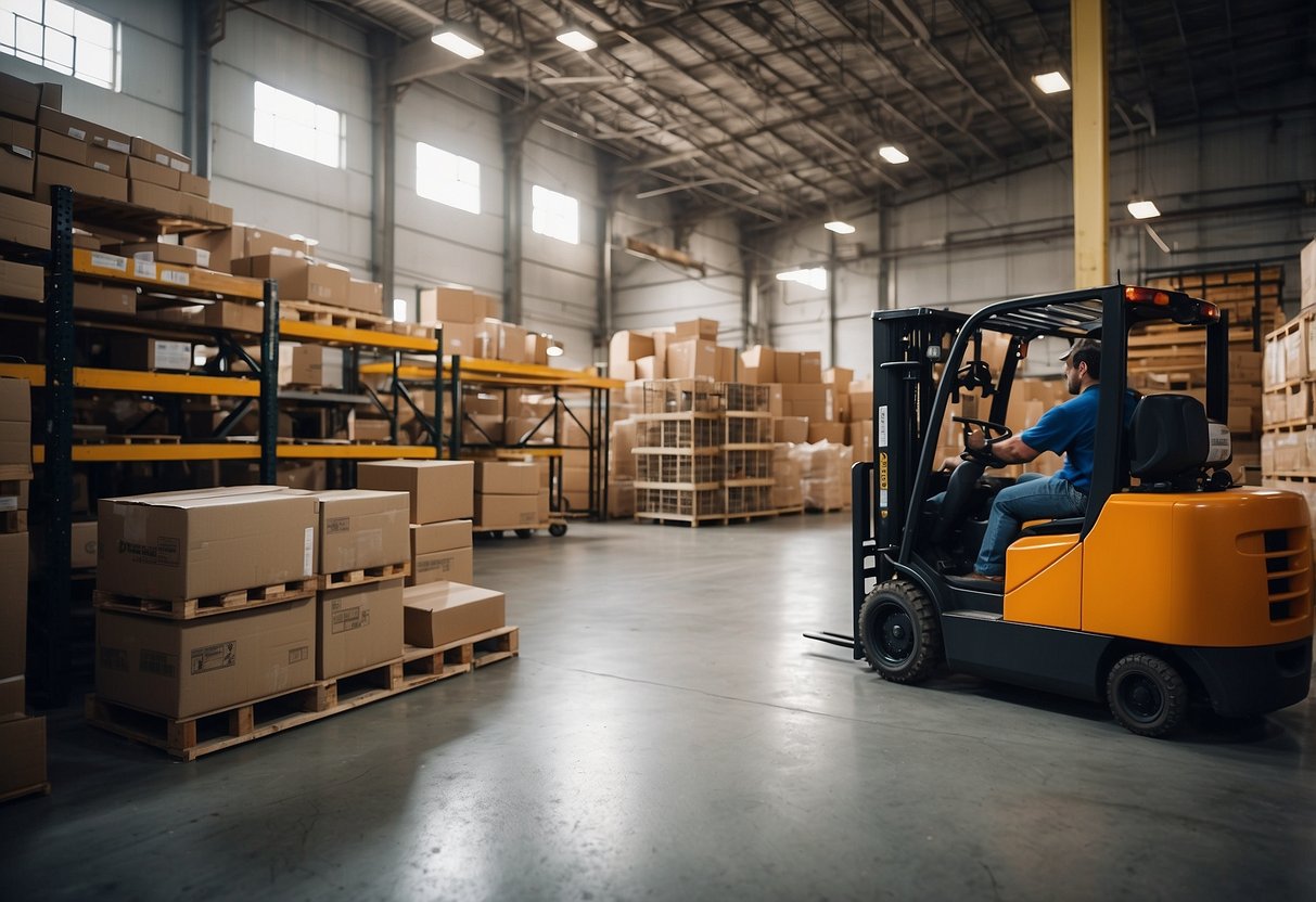 A warehouse with shelves stacked high with various furniture, fixtures, and equipment. Forklifts and workers moving items around