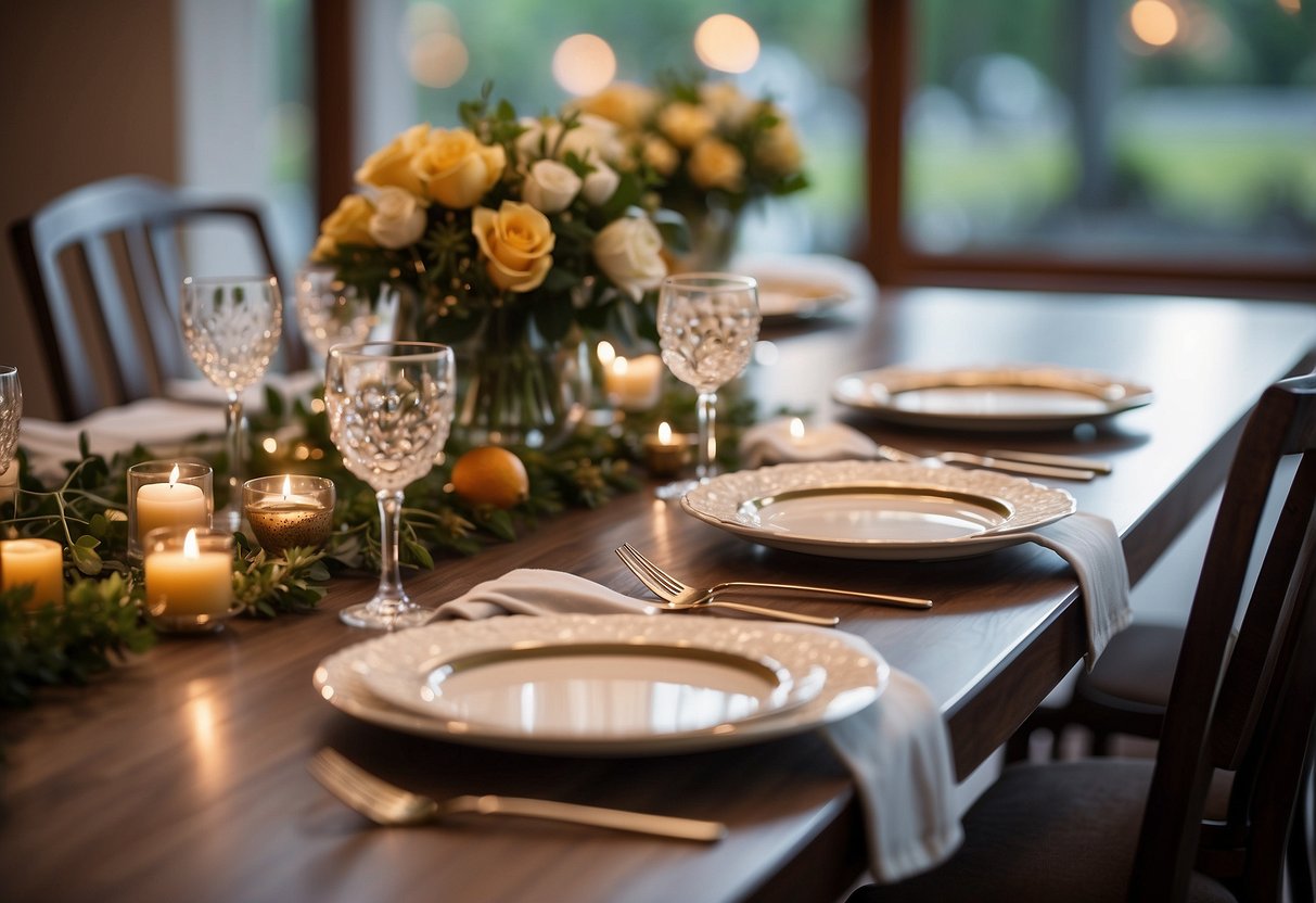 A beautifully set dining table with elegant chairs, adorned with a table runner, placemats, and a centerpiece, creating a warm and inviting atmosphere