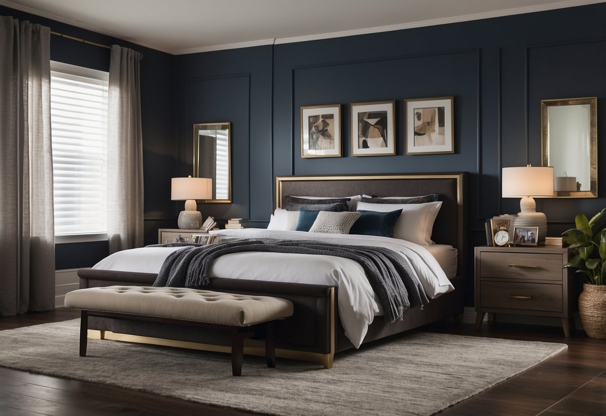 Bedroom furniture arranged with bed against wall, nightstands on either side, dresser opposite bed, and chair in corner