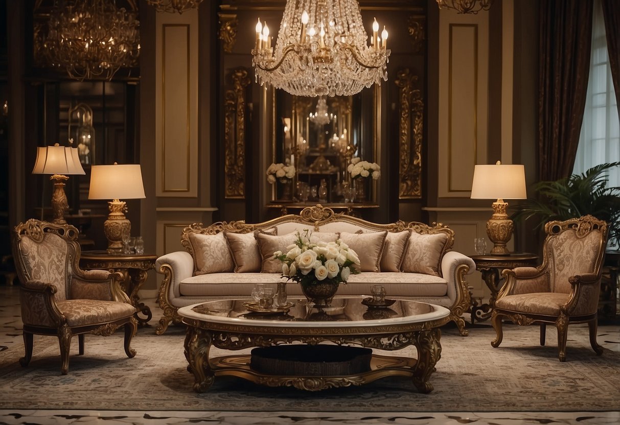 A room filled with elegant imported furniture, including ornate chairs, a grand dining table, and luxurious sofas. Rich textures and intricate designs adorn each piece, creating a sense of opulence and refinement