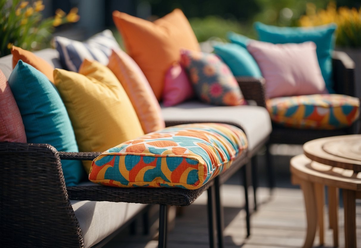 Colorful cushions arranged on ikea garden furniture. Bright patterns and soft textures create a cozy outdoor seating area