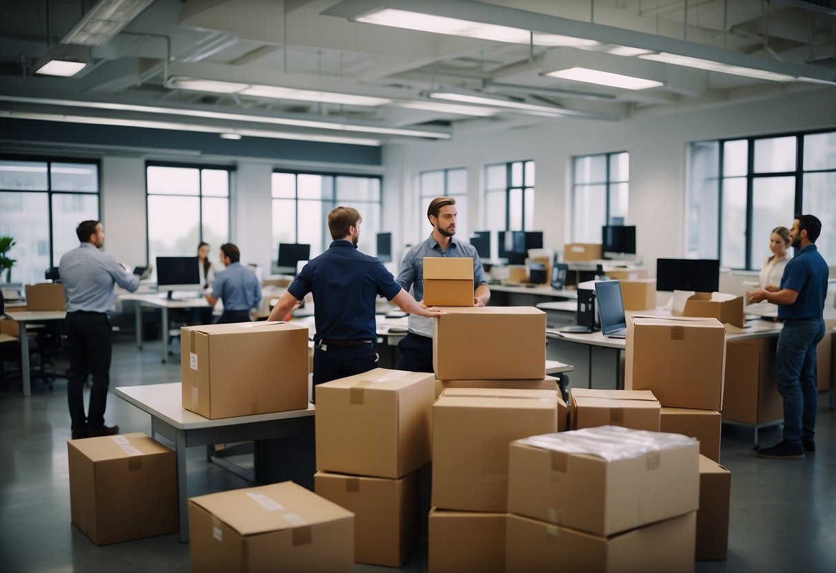 A bustling office with staff ordering furniture, fixtures, and equipment. Boxes and packages being delivered and unpacked. A procurement team reviewing and approving orders