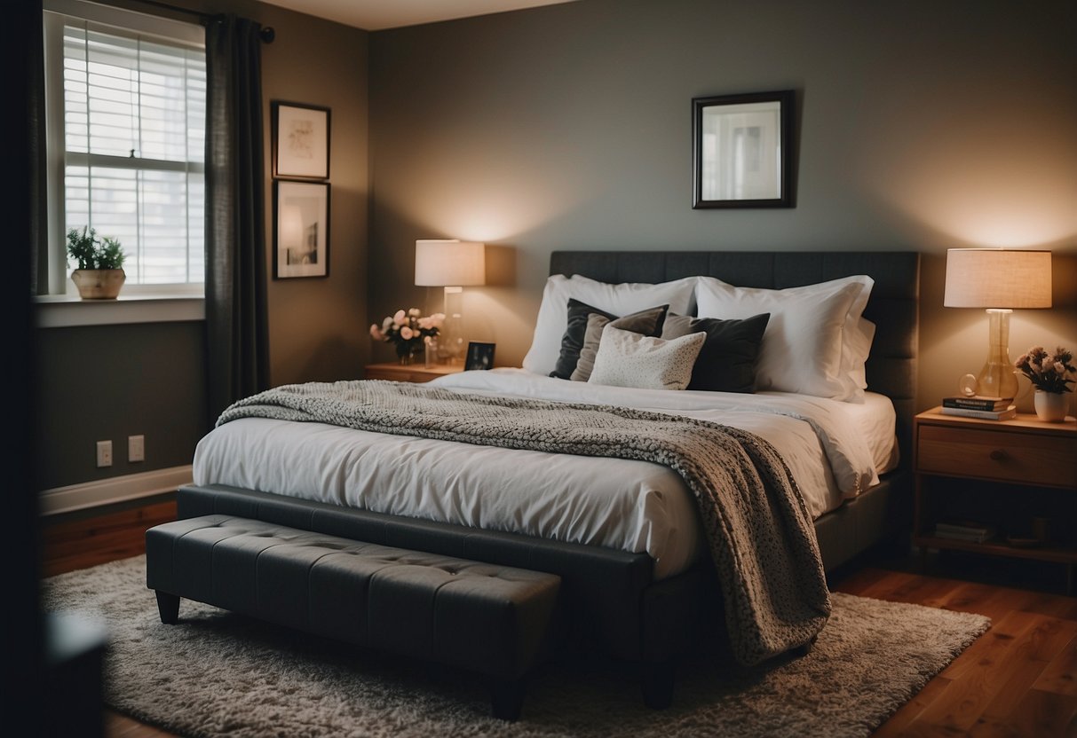 A bedroom with a bed centered against a wall, nightstands on each side, a dresser opposite the bed, and a cozy reading nook in a corner