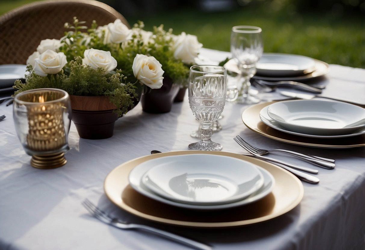 A dining table set with chairs, plates, and utensils arranged neatly. A stack of napkins and a centerpiece adorn the table