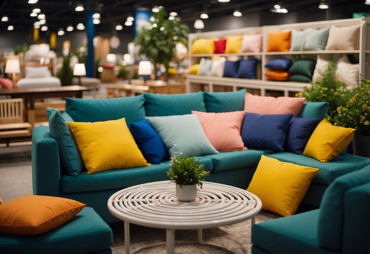 A person selects colorful Ikea garden furniture cushions from a display in the store