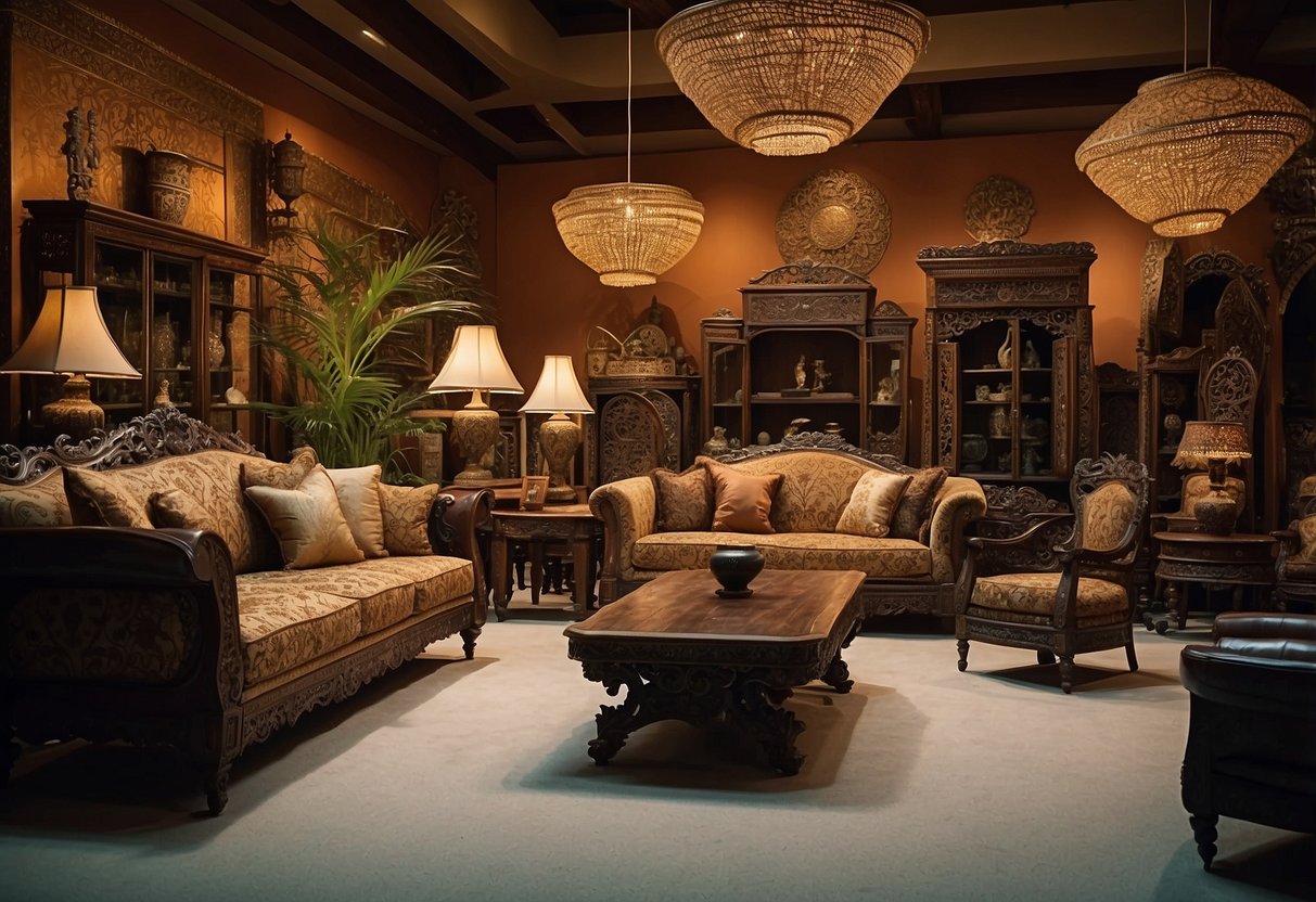 A room filled with unique, handcrafted imported furniture from around the world. Rich textures, intricate carvings, and vibrant colors bring the space to life