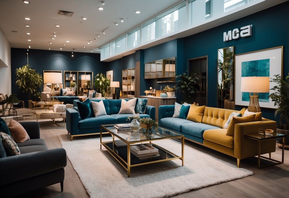 A spacious mega furniture showroom with modern displays and vibrant decor