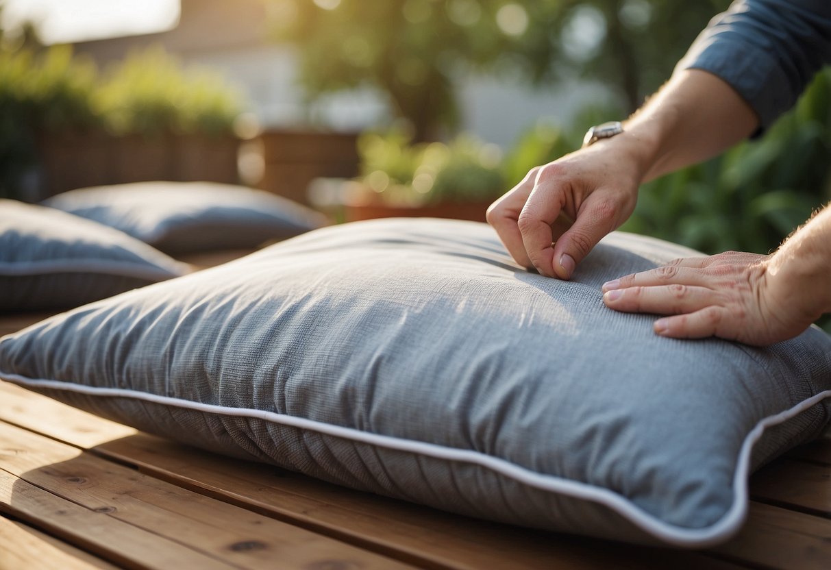 A person carefully covering their IKEA garden furniture cushions with protective covers to maintain their quality and protect them from the elements