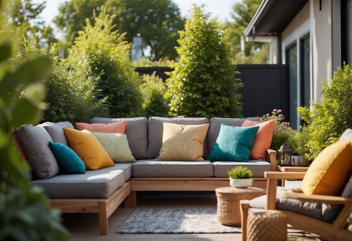 A cozy outdoor setting with colorful cushions on modern ikea garden furniture, surrounded by lush greenery and basking in warm sunlight