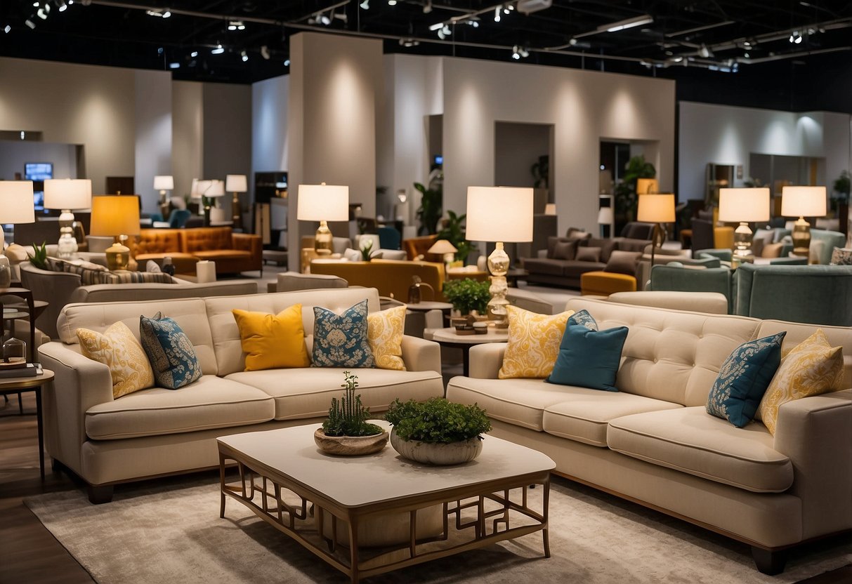 Visitors browse through rows of modern and classic furniture displays at Mega Furniture's expansive showroom. Bright lighting illuminates the vast space, highlighting the variety of sofas, tables, and decor