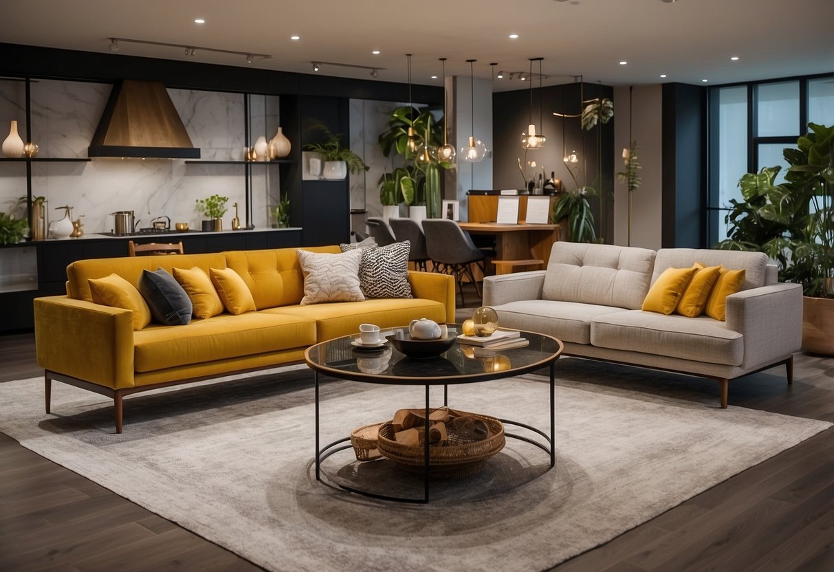 A spacious, well-lit showroom with modern furniture displays and cozy living room setups. Bright colors and stylish designs fill the space, inviting customers to envision their dream home