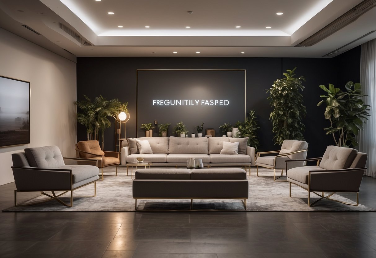 A spacious showroom with rows of modern furniture displays, bright lighting, and a sleek, minimalist design. A large sign reading "Frequently Asked Questions" is prominently displayed