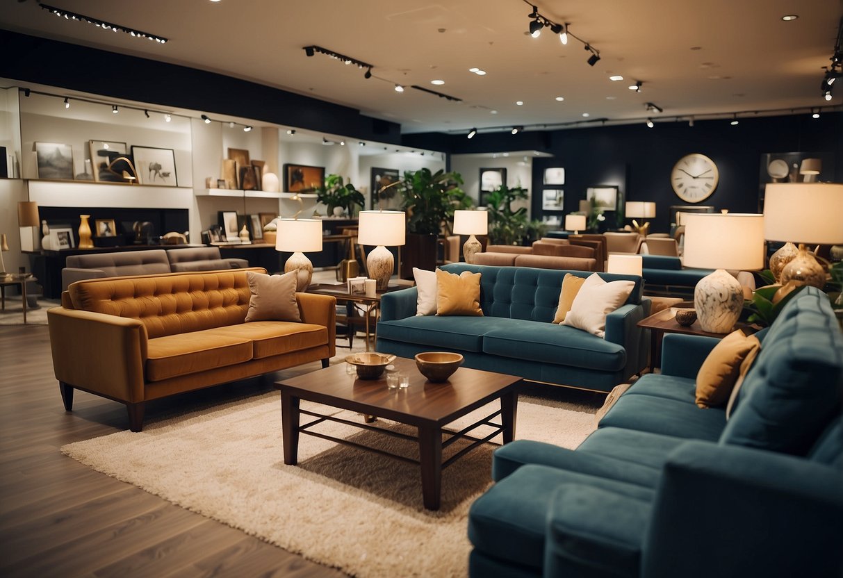 A showroom filled with imported furniture. Customers browsing, sales staff assisting. Signs with "Frequently Asked Questions" displayed