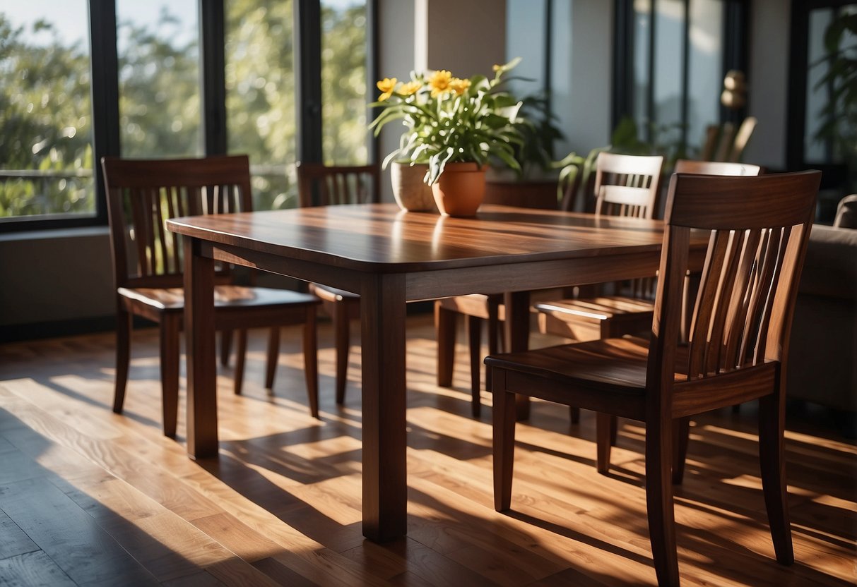 A sturdy ironwood table stands in a sunlit room, surrounded by matching chairs. The rich, dark wood grain is highlighted by the natural light, giving the furniture a timeless and elegant appearance