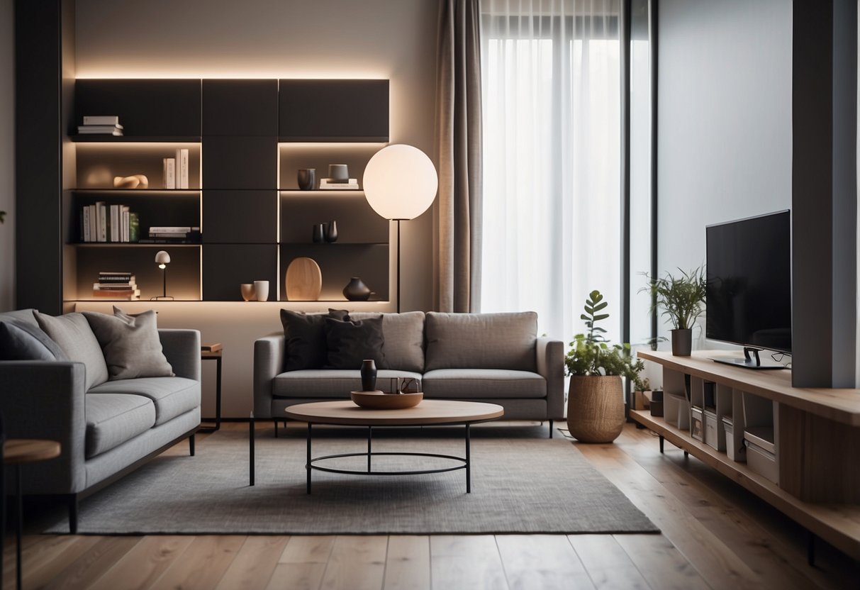 A sleek, modern living room with a cozy sofa, elegant coffee table, and stylish armchair. A minimalist bookshelf and a contemporary floor lamp complete the space