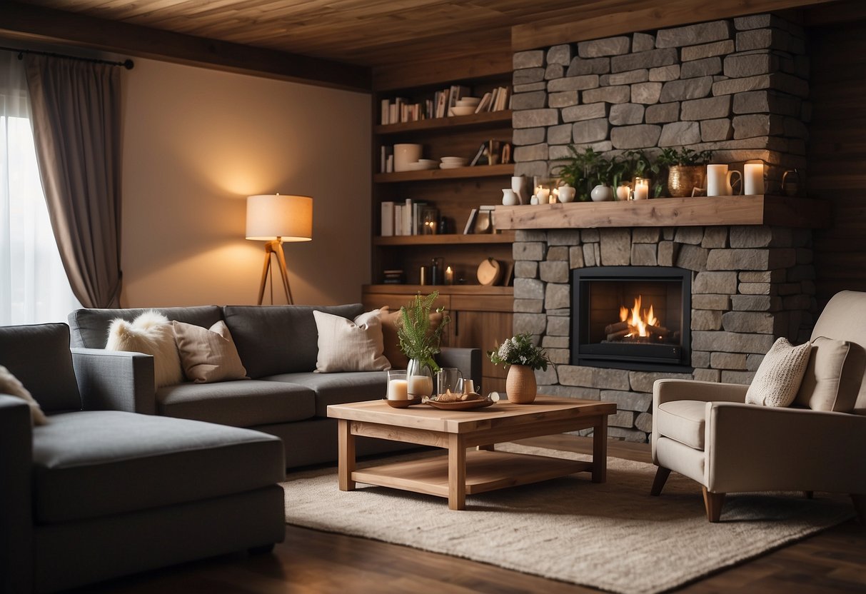 A cozy living room with solid wood furniture arranged around a fireplace
