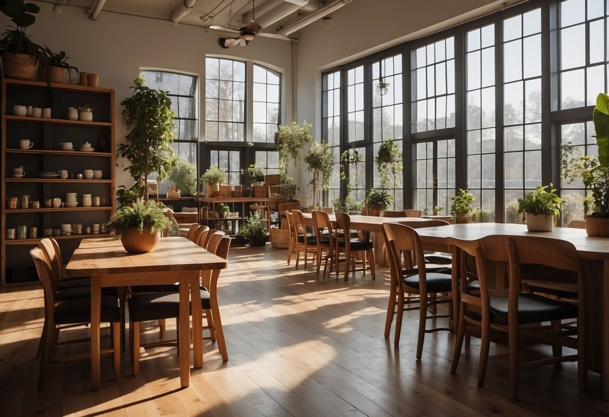 A cozy showroom with polished wooden tables, chairs, and shelves. Sunlight streams through large windows, casting warm, inviting shadows