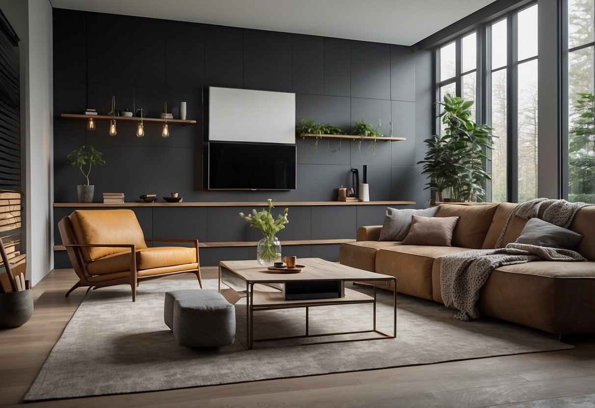 A modern living room with modular furniture arranged in a sleek and functional design, with a subscription-based service logo displayed prominently