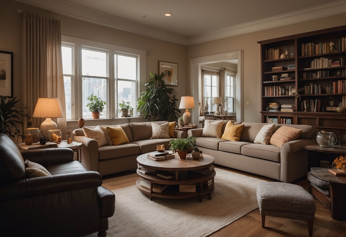 A room with a large, comfortable-looking couch in the center, surrounded by various pieces of furniture such as chairs, tables, and bookshelves