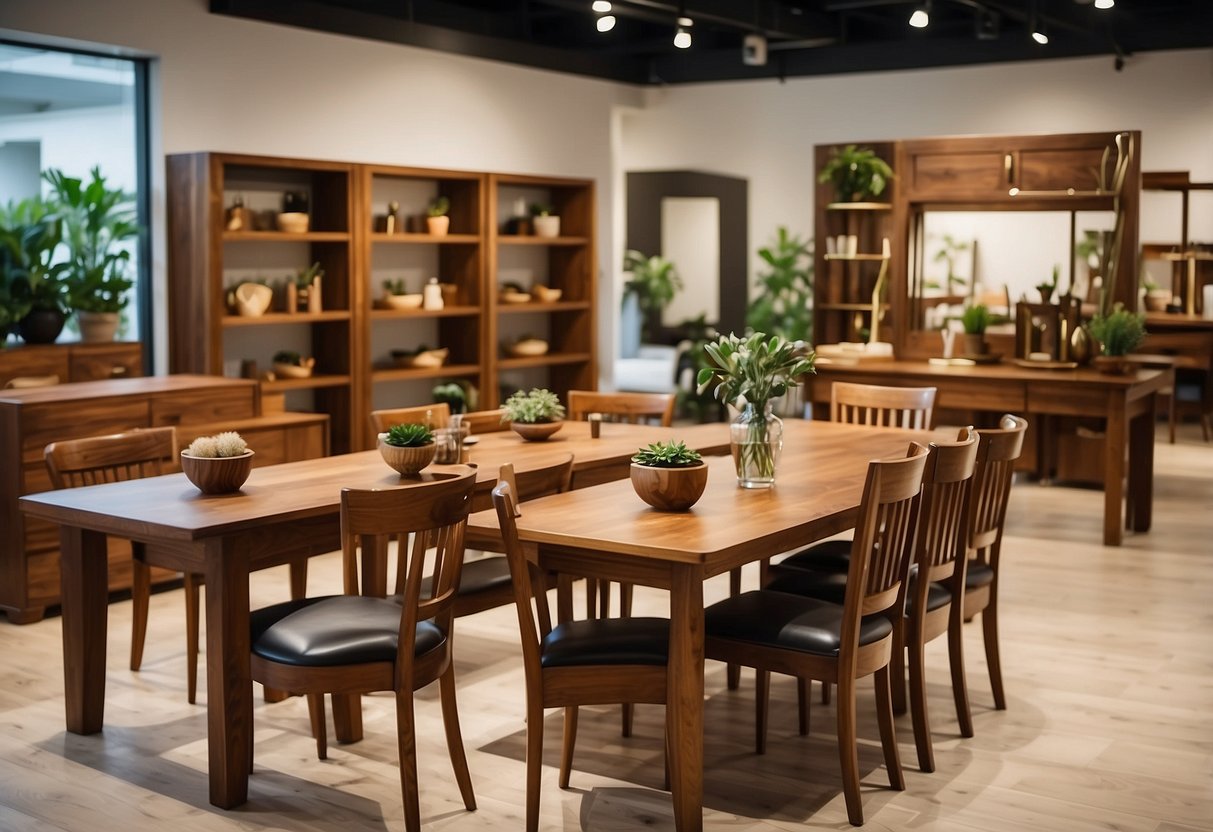 A variety of solid wood furniture pieces displayed in a spacious, well-lit showroom. Rich textures and natural colors are highlighted